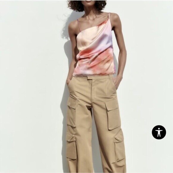 NWT Zara Asymmetric Purple Pink Ombre Print Top Spaghetti Straps Women’s Medium - Picture 1 of 13